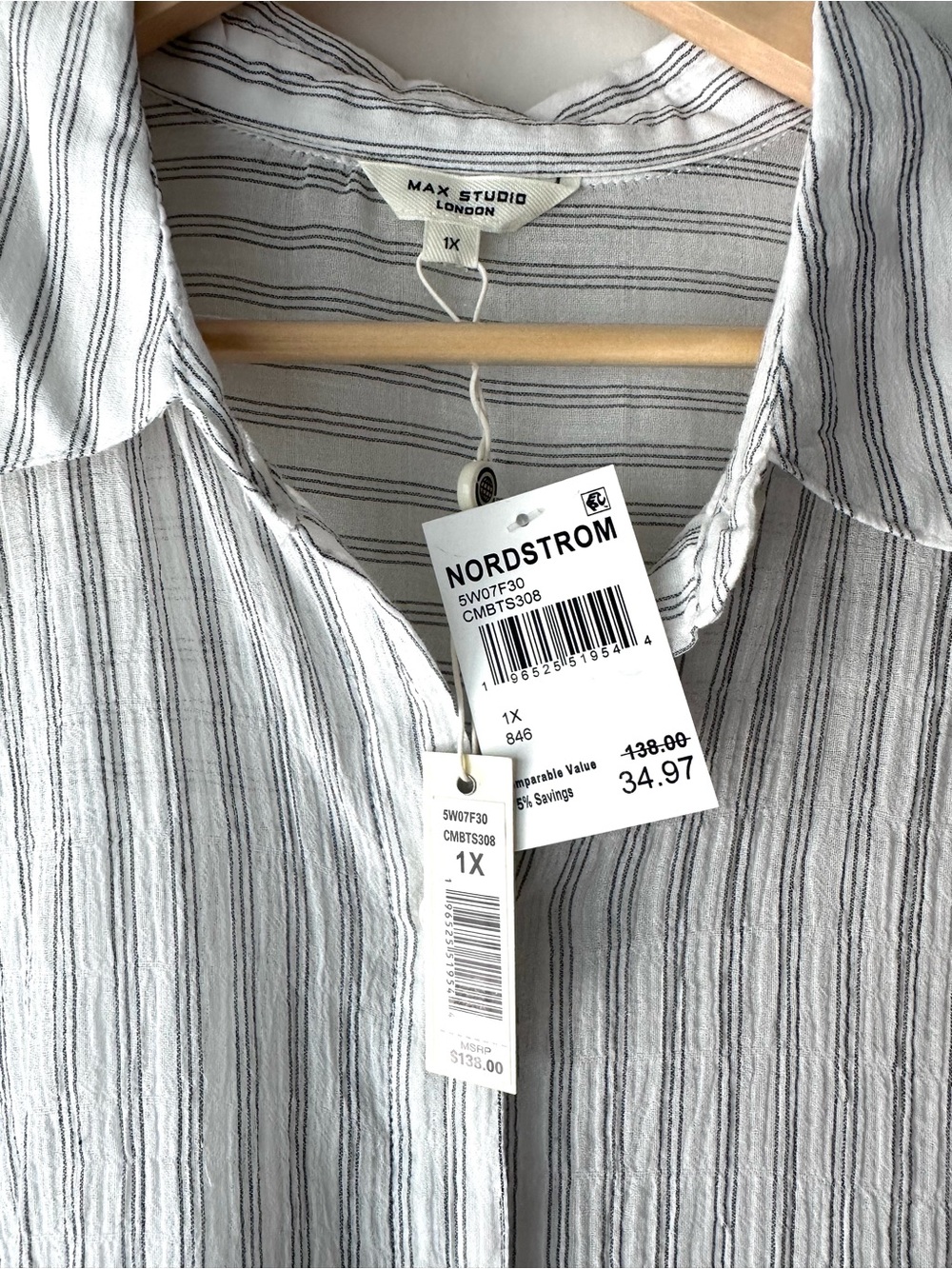 Max Studio Lightweight White & Gray Striped Button-Down Shirt - Picture 4 of 7